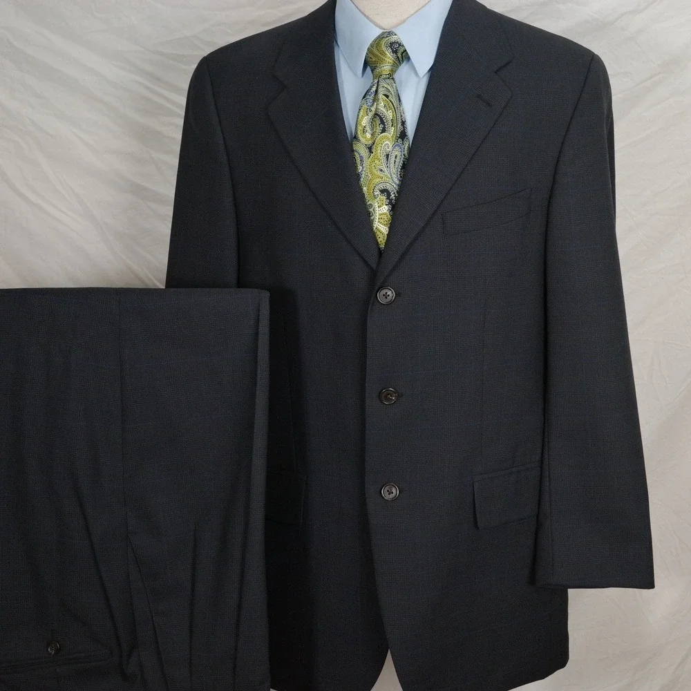 Ralph Lauren Suit Men 40T 36W 32L Black Blue Windowpane Plaid‎ 3 Button Wool VTG